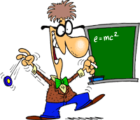 Funny cartoon of a nutty professor at blackboard, for college joke