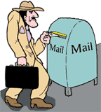 Funny cartoon of seedy looking man putting business letter in mailbox
