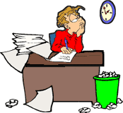 Funny cartoon of frustrated man trying to write business letter