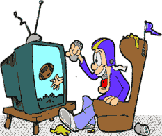 Funny cartoon of football fan in football helmet watching football game on television
