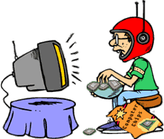 Funny cartoon of man in football helmet eating silicon chips and watching a football game