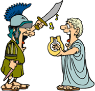 funny cartoon of roman soldier threatening a roman man who is singing