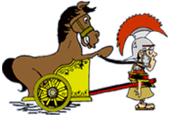 funny cartoon of horse in an ancient roman chariot with a charioteer pulling