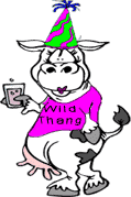 cartoon of cow dressed in party outfit