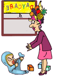 Funny picture of uncooperative child in day care center, lady with cartoon fruit hat is trying to pick him up