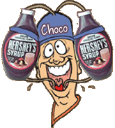 Funny cartoon of a chocoholic man with chocolate bottles on his hat feeding him chocolate through tubes