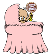 funny cartoon of baby with rattle that is a huge chocolate tootsie pop