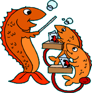 funny cartoon of fish in school room, play-on-words on a school of fish