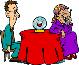 Funny cartoon of gypsy giving a man his fortune telling