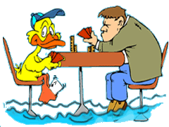 Funny cartoon man playing poker with duck in a flood