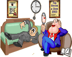 Funny cartoon of bad psychologist looking at himself in the mirror while frustrated patient is on couch