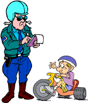 Funny cartoon of boy on tricycle getting speeding ticket