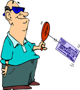 cartoon of man bouncing check off a paddle