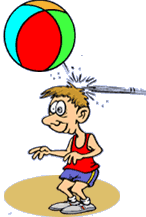 Funny cartoon of boy on beach getting hit on head with beach ball