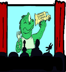 Funny cartoon of godzilla with a fork, looking inside a bakery truck