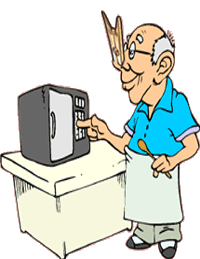 Funny cartoon of man using office microwave with clothespin on his nose