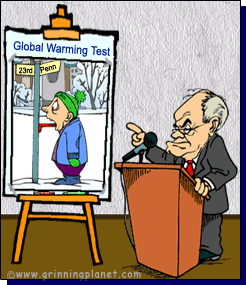 Senator pointing to chart of global warming test - a boy sticking his tongue to a cold metal light pole.