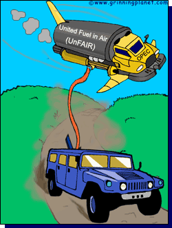 Cartoon of a speeding hummer getting refueled by an in-flight fuel tanker