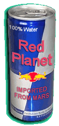 Funny picture of can of Red Planet water, looks like Red Bull can, says imported from Mars