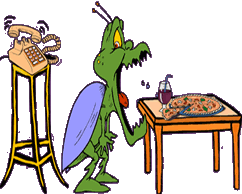 Funny cartoon of big insect getting ready to eat pizza but ringing phone interrupts him