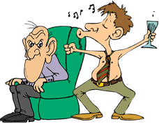 cartoon of annoying brother-in-law, drinking wine, singing, wearing only a tie with no shirt