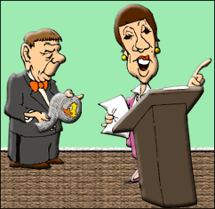 funny cartoon of politician giving speech; in background, man with duct tape is thinking about silencing the speaker