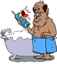 funny cartoon of man getting a telemarketing phone call as he's trying to bathe; the phone has lips squawking