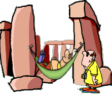 funny cartoon of man in a hammock strung between two rocks of stonehenge