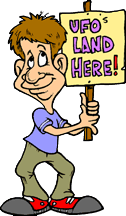 funny cartoon of man holding sign saying, U F O land here