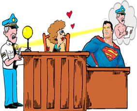 funny cartoon, superman on witness stand, woman judge is in love with superman but he is using x-ray vision to ogle male baliff