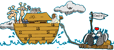 funny cartoon of noah on ark with the animals; skunks are being towed behind on a raft