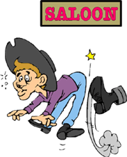 cartoon of drunk cowboy getting kicked through the saloon doors