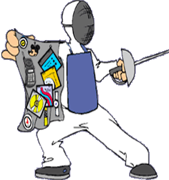 Olympic fencer with sword holding his coat flap open to reveal fenced goods like watches, DVDs, cell phones, etc