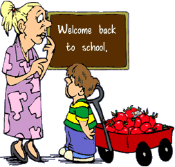 funny cartoon of teacher on first day of school looking at kid pulling wagon full of apples