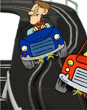 cartoon of crazy man and woman diving electric cars like the kind from a play race set