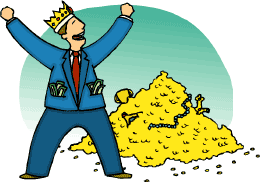 cartoon image of man with crown on next to a pile of gold coins