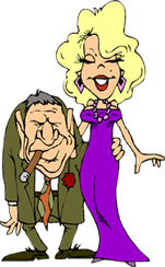 funny cartoon of voluptuous blonde with bent-over old man