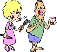 funny cartoon of wife looking disapprovingly at husband pigging out on pint of ice cream; she is holding a big spoon and a rolling pin threateningly