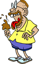 funny cartoon of man eating chocolate ice cream cone, with chocolate all over his face. man bears resemblance to Jerry Lewis's nutty professor.