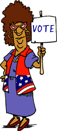 cartoon of middle aged woman wearing stars and stripes vest holding a sign that says vote