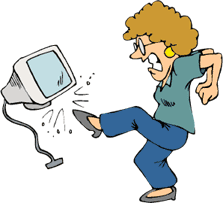 funny cartoon of woman kicking her computer