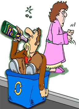 funny cartoon of woman putting out the recycling bin, her husband is in it drinking a bottle of booze