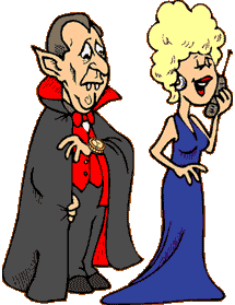 funny cartoon of vampire on a date, waiting for the woman to get off her cell phone