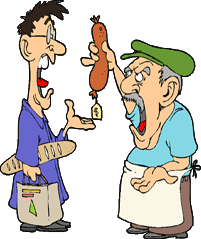 cartoon of french shop owner arguing with customer as he dangles a sausage