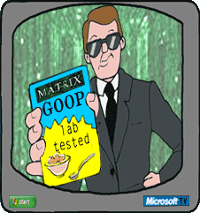 funny future food cartoon - salesman-ish guy who looks like he's from The Matrix is holding a box of cereal called Goop