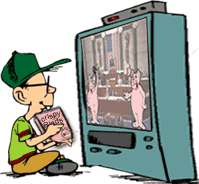 cartoon of kid watching tv, two pigs are giving speeches on the floor of congress