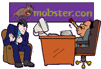 funny cartoon of two mafia types sitting in offices of their internet business - mobster dot con