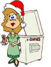 funny cartoon of woman at office, drunk, wearing santa hat, contemplating copying her butt on the copy machine