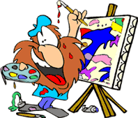 cartoon drawing of artist at easel with palette of many colors