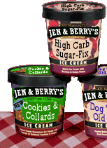 three pints of Jen and Berries ice cream - flavors are collards and cream, dog treat old sock, high carb sugar fix